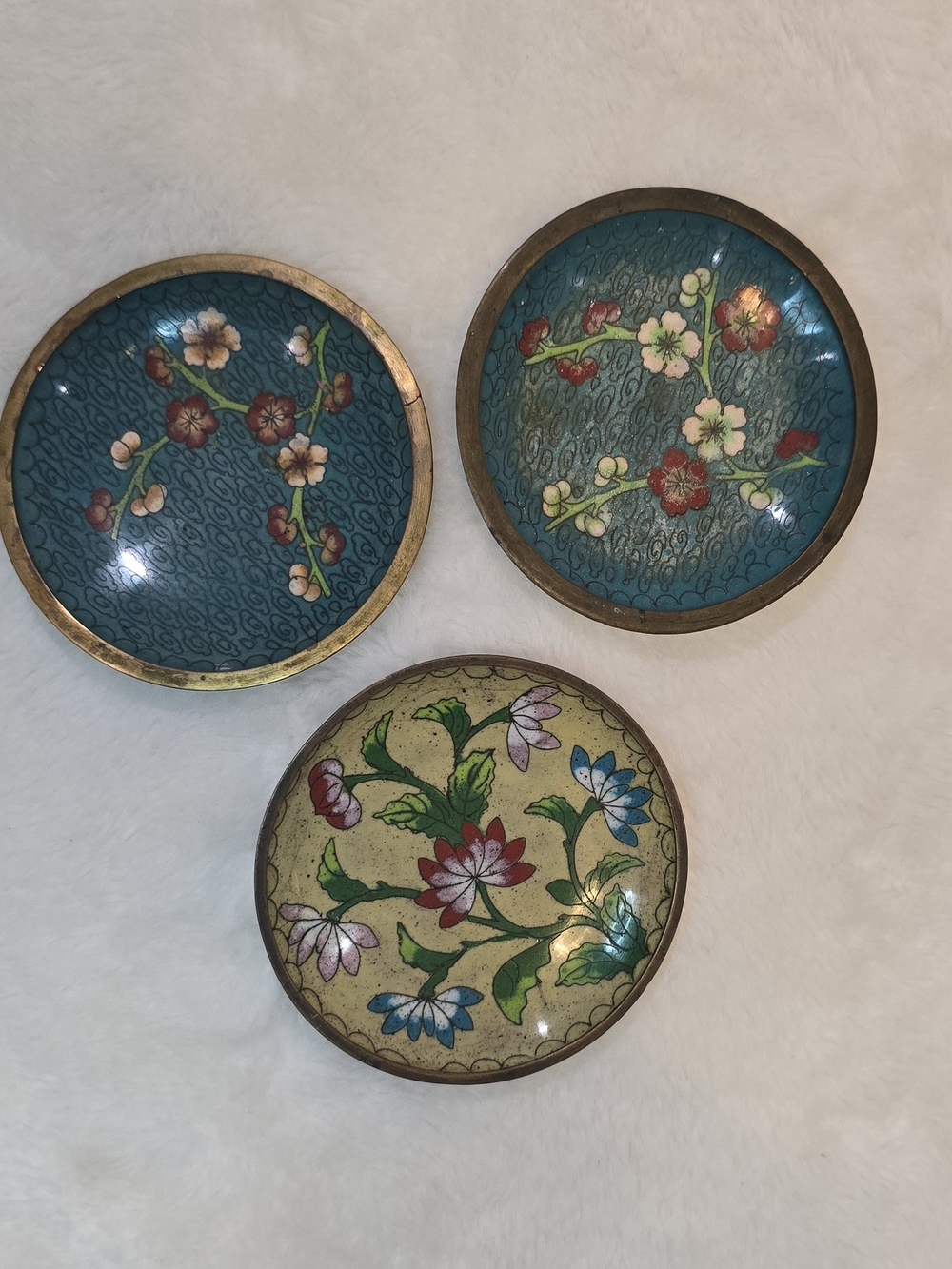 Set of 3 Vintage Chinese Cloisonné Enamel Small Dishes / Trays 3.75"x3.75"